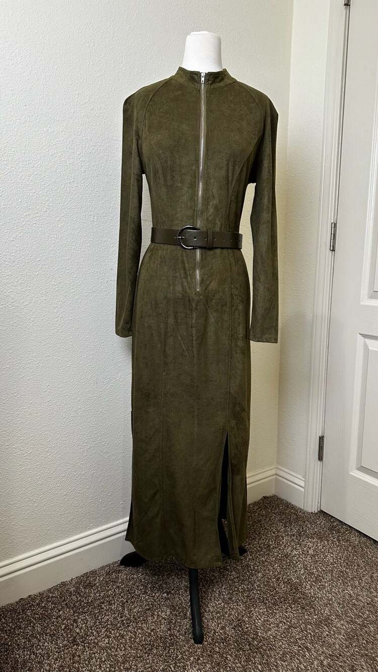 SHEIN Olive Suede Maxi Dress Mock Neck Full Zip Belted Split Long Sleeve